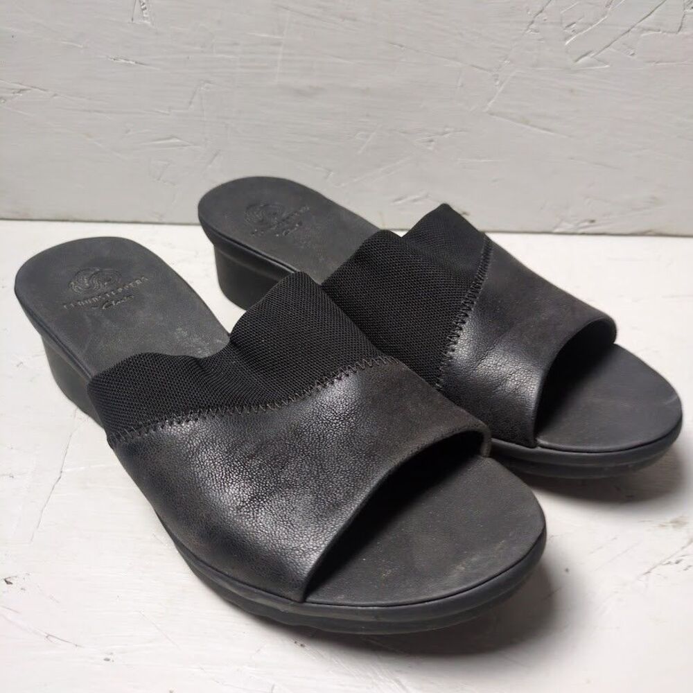 Clarks Sandals Women's 8 M Cloudsteppers Black Caddell Ivy Wedge Peep Toe Slide